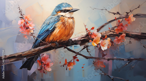 Illustration of colorful bird sitting on a branch with flowers, oil painting