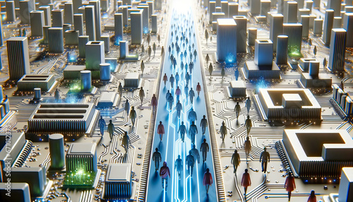 Bridge, constructed from motherboard circuits and glowing pathways. Across the bridge, digital avatars of diverse humans walk, representing the bridge between humanity and technology