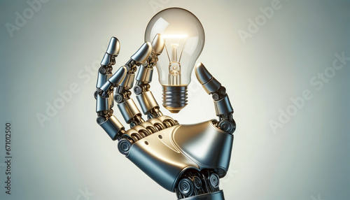 Sleek robotic hand, silver and polished, holding a glowing light bulb on a white background. The light bulb illuminates the fingers, symbolizing the fusion of AI and innovation