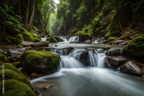 Vibrant jungle waterfall surrounded by lush vegetation - AI Generative