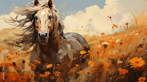 Oil painting style illustration of hors in the meadow
