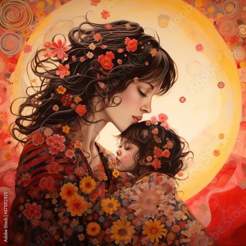 Portrait of loving mother with her daughter with flowers in the hair