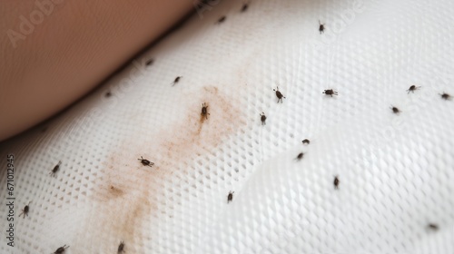 Bed bug infestation on a mattress. The markings are indicative of a widespread insect invasion, a common problem in Europe. Importance of regular pest control and cleanliness. Hygiene in hotel rooms photo