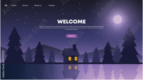 Vector Flat Misty Mountain Village at Night Landing Page Template