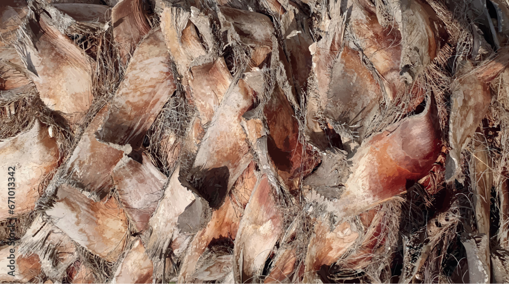 Palm tree bark texture macro vector. Vector palm tree trunk texture. Palm tree bark closeup background. Tropical palm tree texture closeup vector. Wood texture for interior design.
