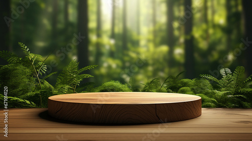 A wooden podium on the background of a forest