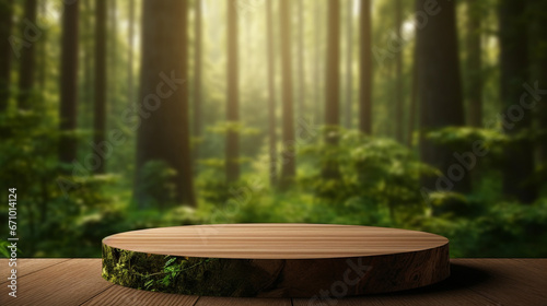 A wooden podium on the background of a forest