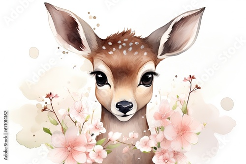 Tranquil Watercolor Painting of a Fawn Surrounded by Pink Flowers photo