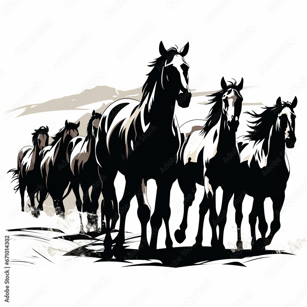 illustration of vector illustration of a herd of wild horses silhoue, Generative ai - obrazy, fototapety, plakaty 