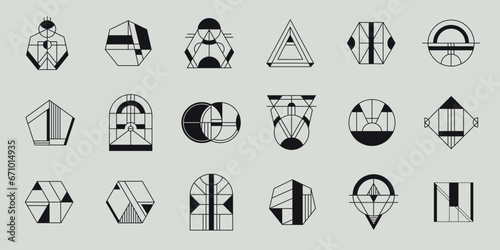 Vector set of geometric shape logos, hipster, art deco line signs. Minimal signs, design elements, arches, circles and hexagons