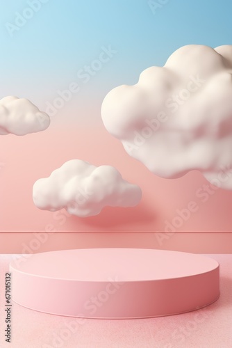 Product podium with clouds in soft pastel colors for product presentation. Mockup for branding, packaging © netrun78