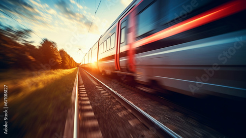 High speed train on blurred motion railway at sunset