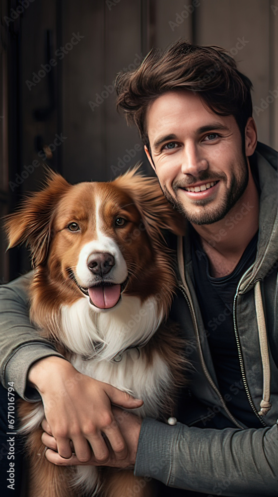 Photo medium close up vertical mid adult caucasian man with his dog. Lifestyle concept.