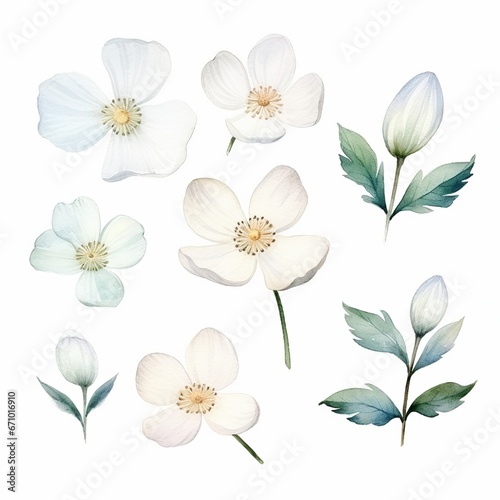 illustration of watercolor set of white small flowers in scandinavia, Generative ai © aniartai