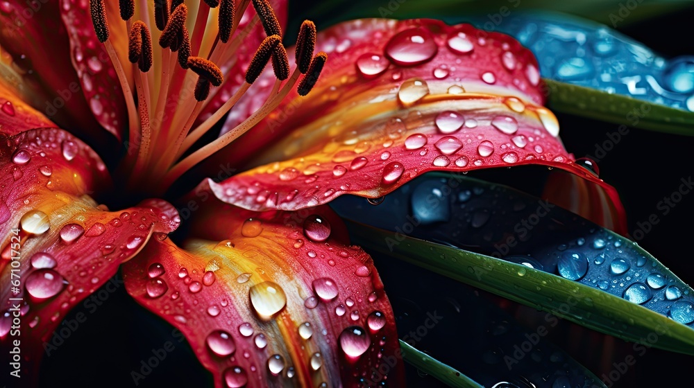 Intimate view of rain droplets on tropical flower petals. Stunning macro photograph of red tropical flower. Valentine, christmas, mothers day, celebration, fashion, ceremony. 