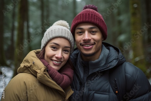 Young mixed race couple enjoying outdoors activity in winter forest