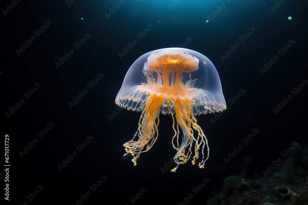 Orange jellyfish floating in deep sea Orange jellyfish floating in deep sea
