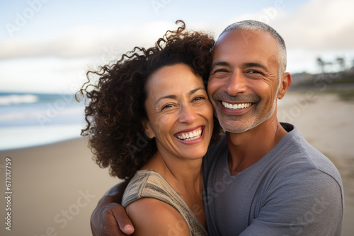 Mixed race middle age cheerful couple enjoying dating time on ocean beach