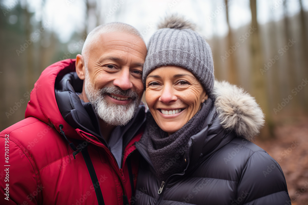 Middle age cheerful couple enjoying outdoors activity in winter forest