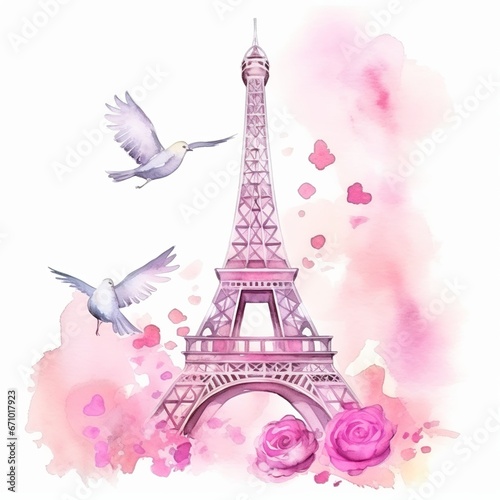 illustration of watercolor stylized cartoon eiffel tower in pink  Generative ai