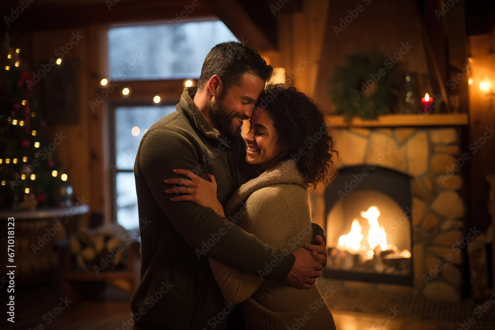 Happy middle age couple hugging near a fireplace indoor winter forest cabin
