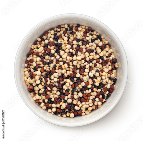 Raw quinoa seeds mix isolated on white background, top view