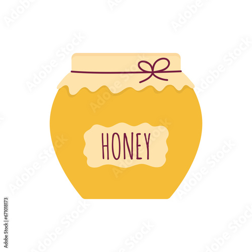 Flat icon honey jar with sticker isolated on white background. Vector illustration.
