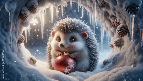 A magical Christmas hedgehog is nestled in a snowy burrow, holding a tiny Christmas bauble. Glistening icicles hang nearby, and a gentle snowfall envelops the scene.