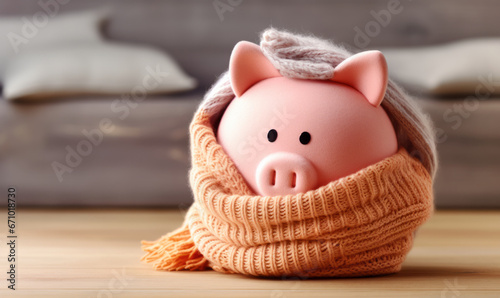 A pink piggy bank money box wrapped up warm with a scarf. Winter heating bills concept photo