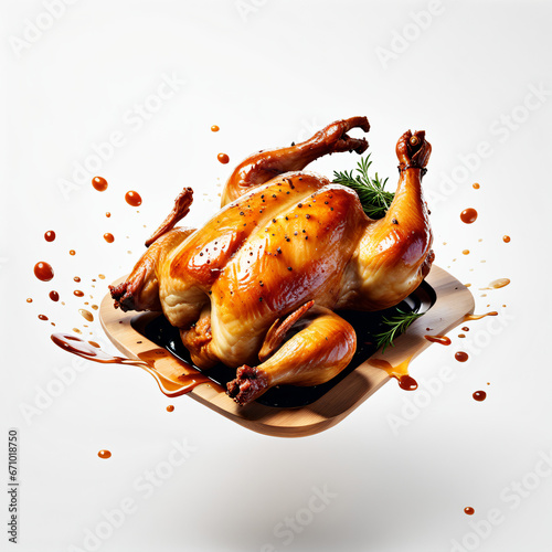Delicioso e suculento frango assado em movimento de queda, flutuando, servido num prato de madeira, com molho e gotículas ao seu redor. Isolado, fundo branco. photo