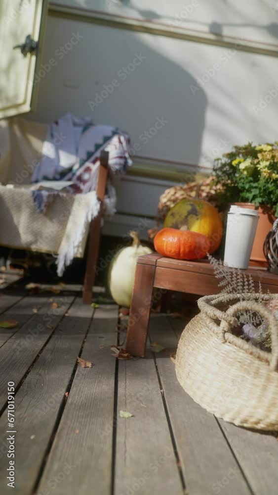autumn garden with chair and pumpkin decor