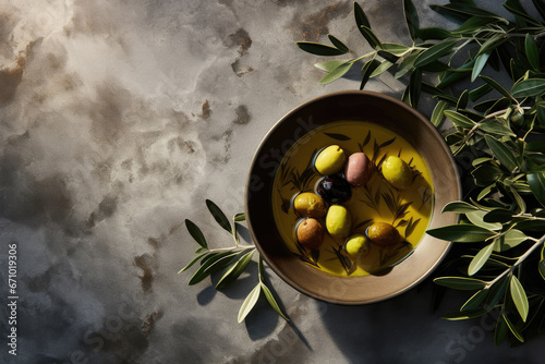 Olive oil in a bowl with leaves branches and olives