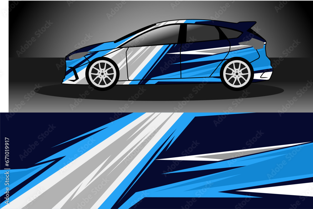 racing car wrap rally livery. design abstract blue strip for car wrap, vinyl sticker, and decal. isolated on black background