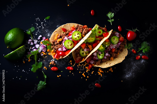 Mexican street food. top view of traditional Mexican corn tacos composition on black background