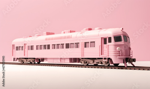 The train comes along the track, pastel pink composition, romantic travel concept, retro style.
