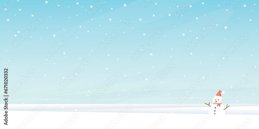 Snowscape with snowman and snowfall on blue sky background have blank space. Merry Xmas and Happy New Year greeting card vector illustration template.