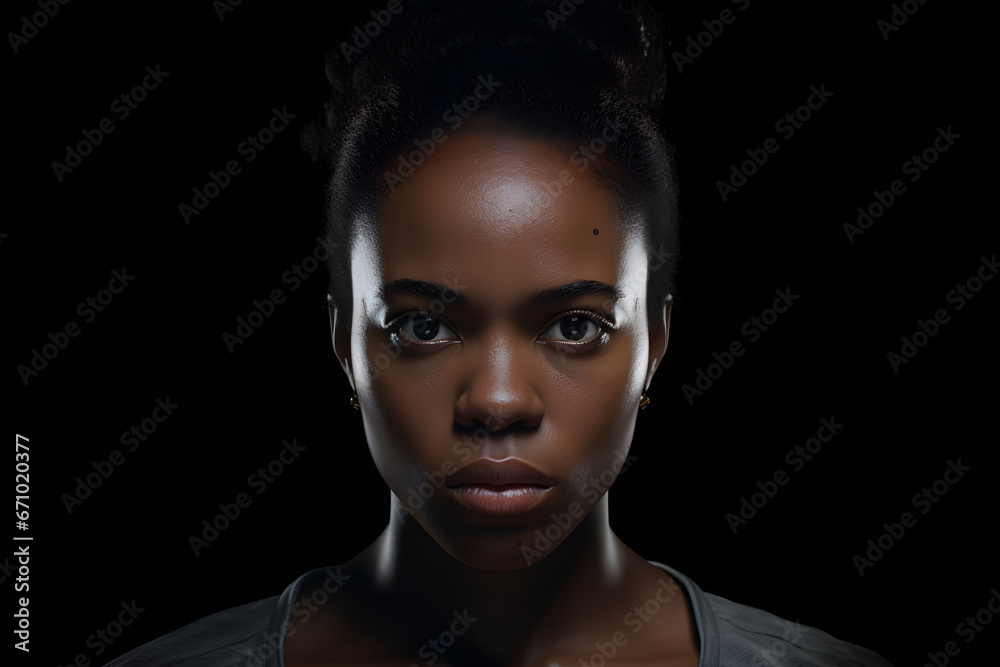 Young adult African American woman, head and shoulders portrait on black background. Neural network generated photorealistic image. Not based on any actual person or scene. Young adult African American woman, head and shoulders portrait on black background. Neural network generated photorealistic image. Not based on any actual person or scene.