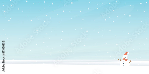 Snowscape with snowman and snowfall on blue sky background have blank space. Merry Xmas and Happy New Year greeting card vector illustration template. © Wasitt