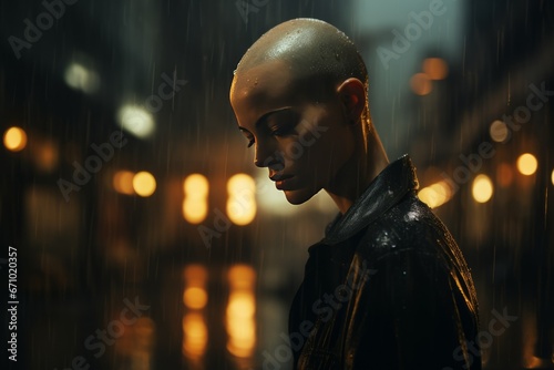 A woman with a bald head stands with grace in the rain, her smooth scalp adorned with glistening raindrops