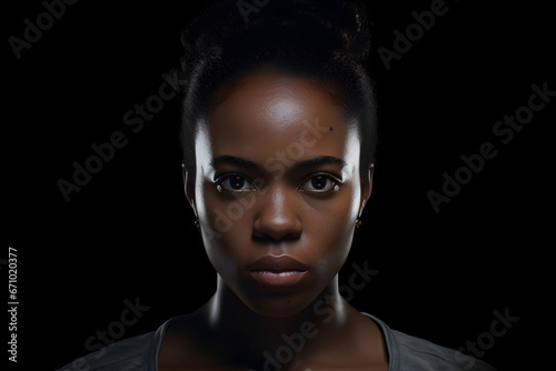 Young adult African American woman  head and shoulders portrait on black background. Neural network generated photorealistic image. Not based on any actual person or scene.
