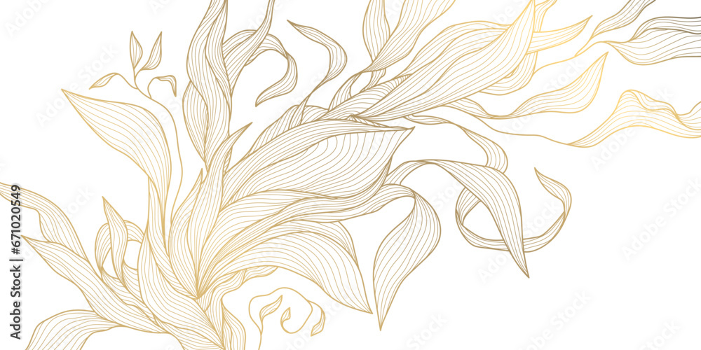 Vector art deco luxury floral line pattern, golden leaves background. Hand drawn wavy nature illustration for packaging, cover, banner, creative post and wall arts. Japanese style. - obrazy, fototapety, plakaty 