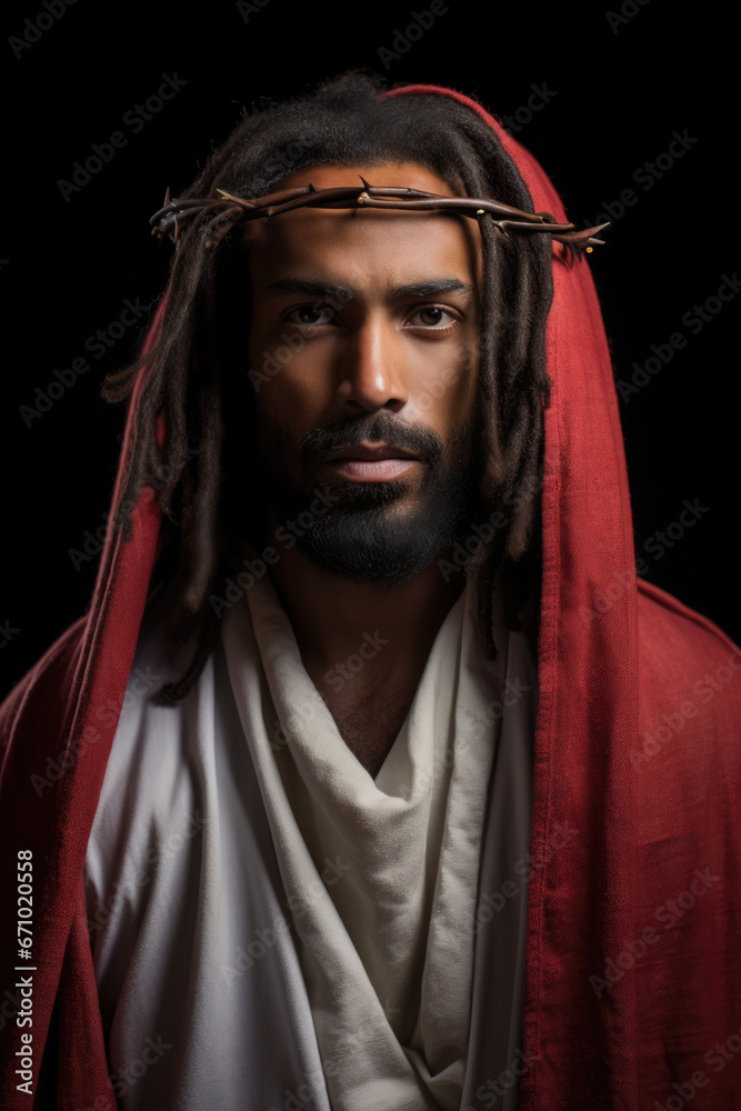 Black Jesus Christ. African american diversity. Red and white robe. Prophet. The Lord. Savior. Handsome savior. Portrait with a black background. Crown of thorns. Black Jesus Christ. African american diversity. Red and white robe. Prophet. The Lord. Savior. Handsome savior. Portrait with a black background. Crown of thorns.