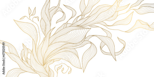 Vector art deco luxury floral line pattern, golden leaves background. Hand drawn wavy nature illustration for packaging, cover, banner, creative post and wall arts. Japanese style.
