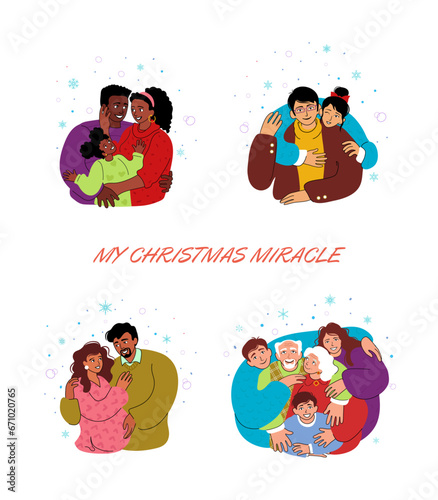 Happy diverse families, warm hug at home. Doodle