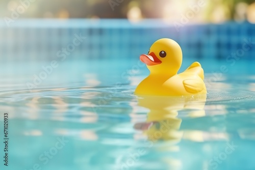 Yellow rubber duck swimming in a pool. Summer holiday illustration. Ai generative. photo