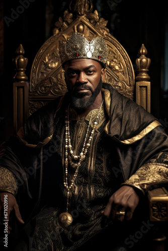 Handsome senior King. Black, African, Persian, Egyptian royalty. Golden throne. Medieval fantasy.