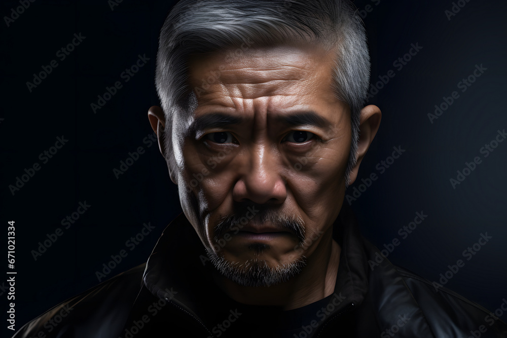 Angry mature Asian man, head and shoulders portrait on black background. Neural network generated image. Not based on any actual person or scene.