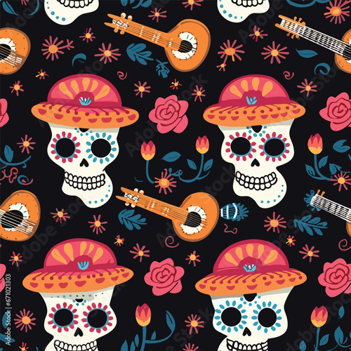 Day of the Dead or Dia de los muertos seamless pattern 