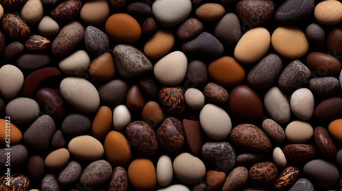 Photorealistic seamless pattern of brow, beige and grey pebbles.