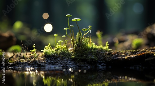A seeds growing from the green moss in the forest.